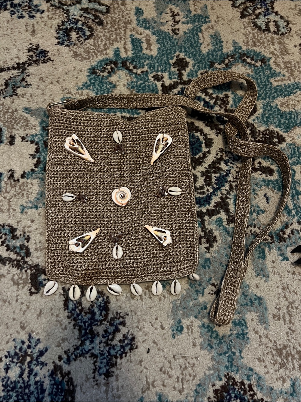 Brown Crochet Crossbody Bag with Shell Accents